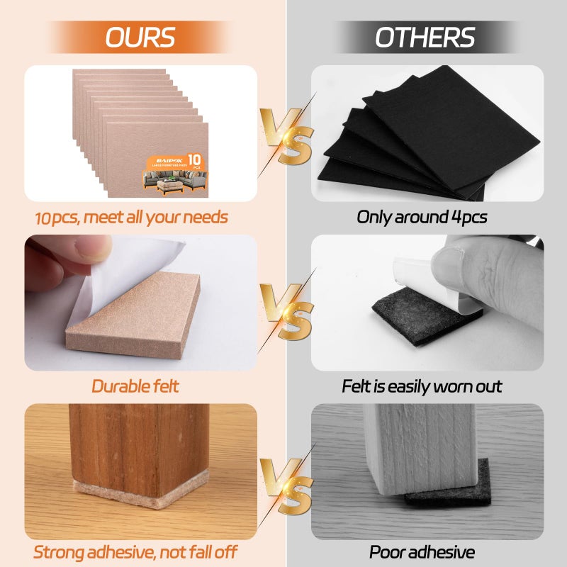 BAIPOK Felt Furniture Pads 10pcs 8" x 6" Self Adhesive Cuttable Furniture Felt Pads, Anti Scratch Floor Protectors for Furniture on Hardwood Floor, Beige - Image 2
